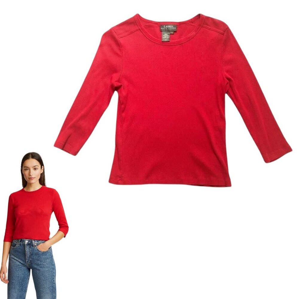 Y2K VTG. RALPH LAUREN RED‎ RIBBED SHIRT SMALL/petite